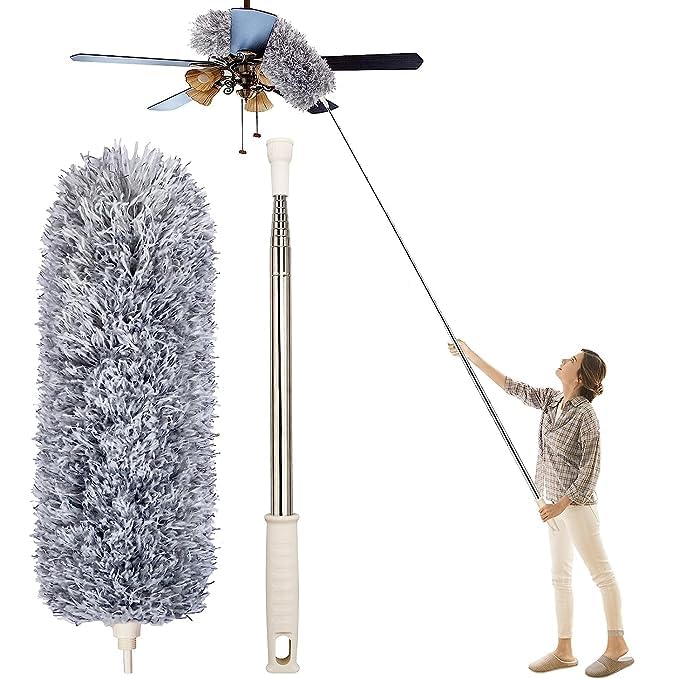 Upgraded Long Handle Microfiber Feather Ceiling Duster For Dust Cleaning Extendable Pole 30-100 Inch For Cleaning High Cobweb Stick High Ceiling Fan - Stainless Steel